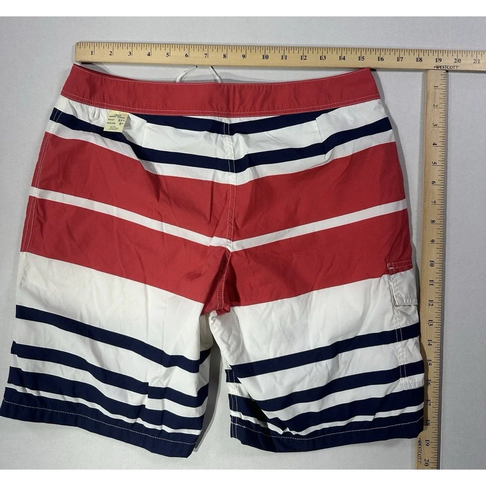 J.Crew Long Board Shorts Mens 31 Red White Navy Striped Swim Trunks‎ 9